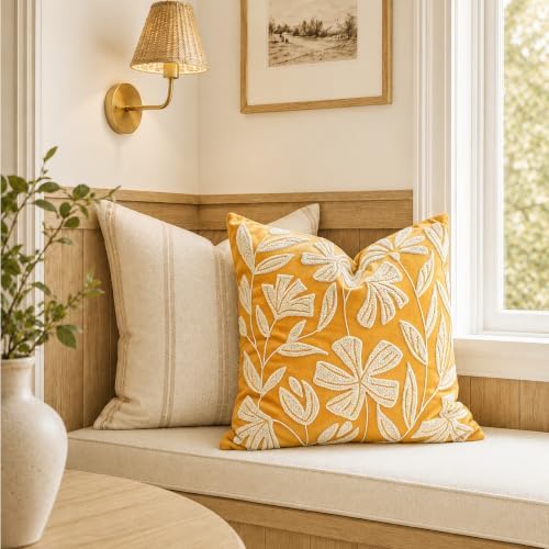 BlissBlush Throw Pillow Cover 20x20 Inch, Mustard Floral Tufted Velvet Decorative Accent Pillow Case for Sofa Bed Living Room, Cover Only - Image 5