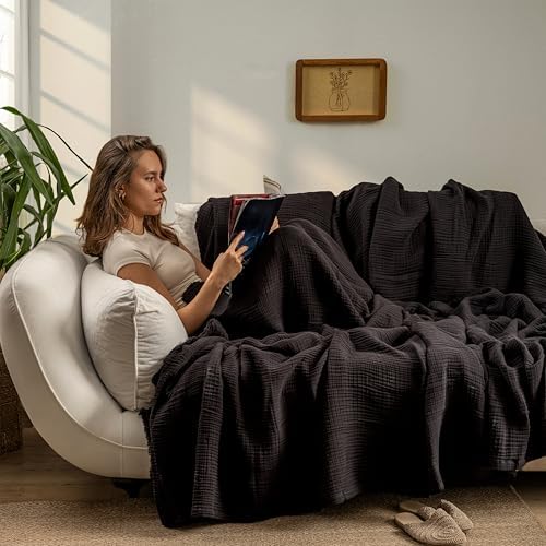 Muslin Blanket - Pure 100% Turkish Cotton Airy Soft Light Versatile Gauze Throw Blanket for Bed, Couch, Sofa (Black, Twin XL Size (71" x 95" inch)) - Image 4