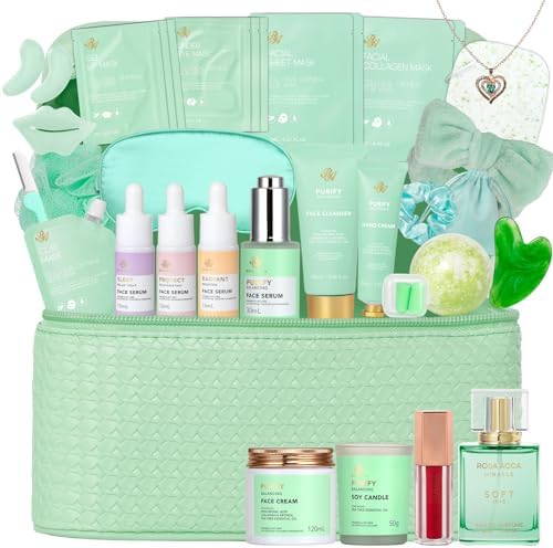 Mothers Day Gifts for Mom, 33 Pcs Tea Tree Skin Care Gift Set, Spa Gift Basket Set for Women, Necklace, Bath and Body Gift Set, Face Sheet Mask, Self Care Kit, Birthday Present, Christmas, Anniversary by RAROSAACCA