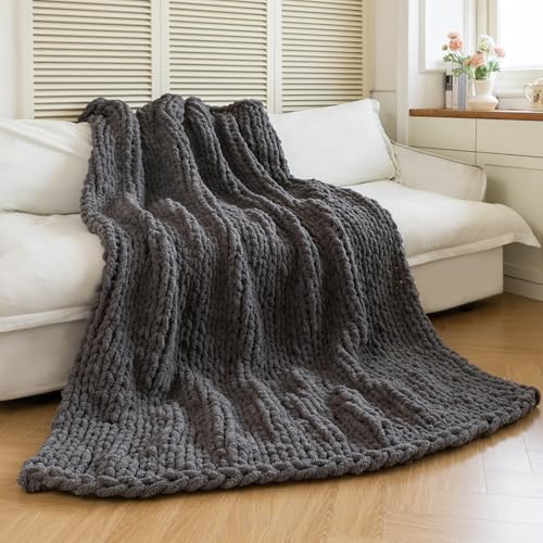Chunky Knit Blanket - Luxury Soft Cozy 50 * 60 Throw Blanket,100% Woven Blanket Rope Knot Throw Blanket for Couch, Sofa, Home Decor, Gift - Machine Washable (Black Gray, 50 * 60) by Larexius