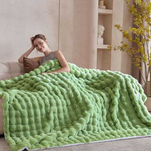 60x80 Inches Ultra-Soft Fuzzy Faux Fur Plush Twin Size Blanket - Thick, Warm Sherpa for Couch, Sofa, Bedroom, Camping - Decorative Blanket for Cozy Warmth, Bubble Light Green - Image 4