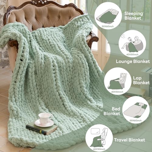 Chunky Knit Throw Blanket for Couch，40x50 Inches Sage Green - Image 3