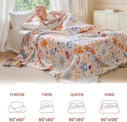 MSGKV Boho Throw Blanket 50"x60" 100% Cotton Floral Blanket Couch Decor - Image 5