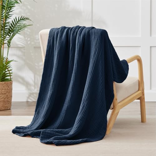 100% Cotton Muslin Blankets Twin XL 66" x 90", 6 Layers Breathable and Lightweight Twin Blanket for Bed, Soft Boho Coverlet Bedspread, Gauze Bedding for All Season, Navy - Image 3