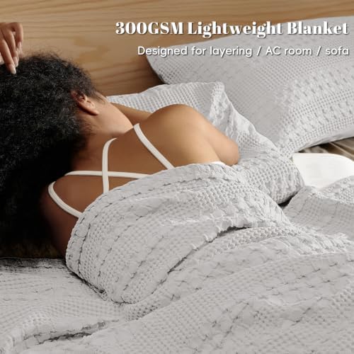 PHF Lightweight 100% Cotton Waffle Throw Blanket for Couch, Light Grey - Image 2