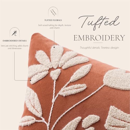 BlissBlush Lumbar Pillow Cover 12x20 Inch, Rust Terracotta Floral Tufted Velvet Decorative Accent Pillow Case for Sofa Bed Living Room, Cover Only - Image 2