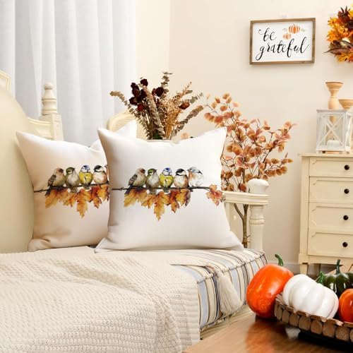 RABUSOFA Fall Pillow Covers 18x18 Inch Watercolor Bird Autumn Decorations for Home Outdoor Thanksgiving Decor Maple Leaf Decorative Throw Pillow Cases Farmhouse for Couch Sofa - Image 5