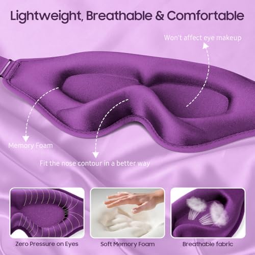 BeHoomi Sleep Mask, Premium Eye Mask for Sleeping, 3D Ergonomic Designed Sleeping Mask, Upgraded Light Blocking & Blindfold Sleep Masks for Women, Men (Purple) - Image 4