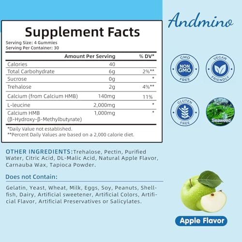 HMB and L-Leucine Gummies, 3000mg, with Trehalose, for Muscle Growth, Muscle Relief and Workout Recovery, for Adults & Elder, Vegan, Gluten Free, Apple Flavor, 120 - Image 2
