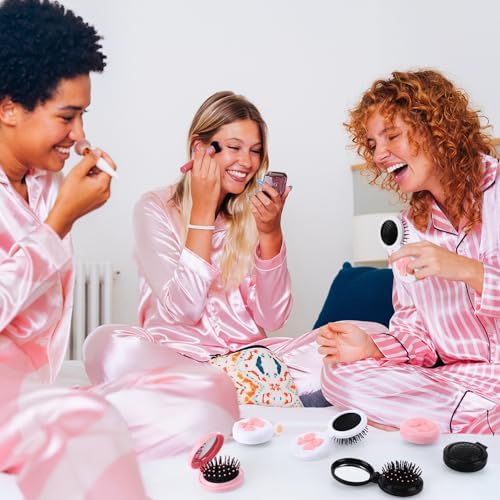 12 Pcs Multicolored Coquette Bow Mini Hair Brushes Folding Mirror Coquette Detangler Brush Bulk Round Compact Massage Scalp Comb for Purse Women Travel Team Gifts Trendy Stuff Party Favors - Image 4