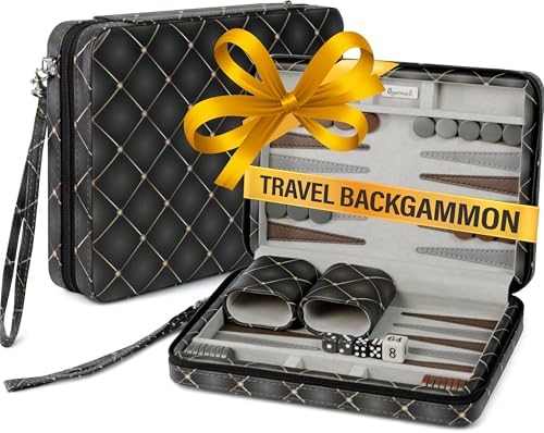 Magnetic Travel Backgammon Sets for Adults - Quality PU Leather Backgammon Board Game for Adults and Kids - 14" Gift for Man Backgammon Board with 32 Magnetic Pieces in PU Leather Case by Queensell