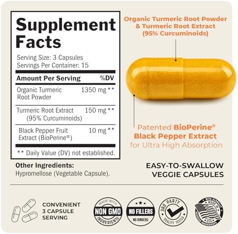 Turmeric Curcumin with Black Pepper Extract 1500mg, 45 Capsules - Image 4