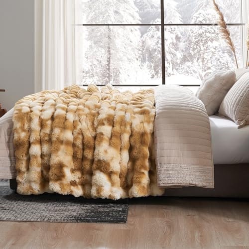 Amélie Home Faux Fur Throw Blanket, Ultra Soft Fuzzy Plush Bubble Blanket for Couch, Bed & Living Room, 60"x80", Tie-dye Khaki - Image 4
