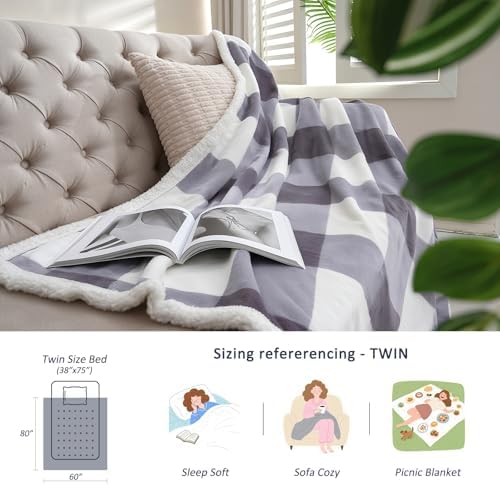 Gracelife Sherpa Blanket Throw Blanket for Couch Bed Sherpa Fleece Blanket Fluffy Checkered Soft Blanket for All Season Use Cozy Thick Warm Big Throws Twin (Grey-Soft White, 60"*80") - Image 6