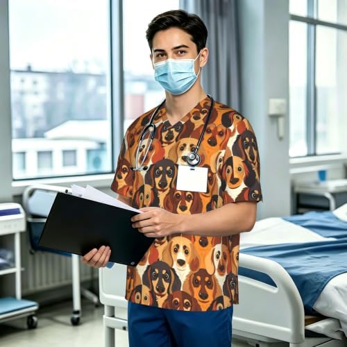Men's Scrub Top,V-Neck Spill Wrinkle Resistant,3 Pockets-Funny Dachshund (4) - Image 3