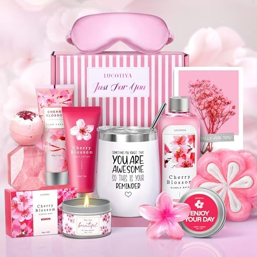 Gifts for Women Birthday Spa Gifts Set- 10 Pcs Christmas Valentine's Mother's Day Gift and Cherry Blossoms Self Care Package Gifts Women, Relaxing Gifts Basket by LUCOTIYA