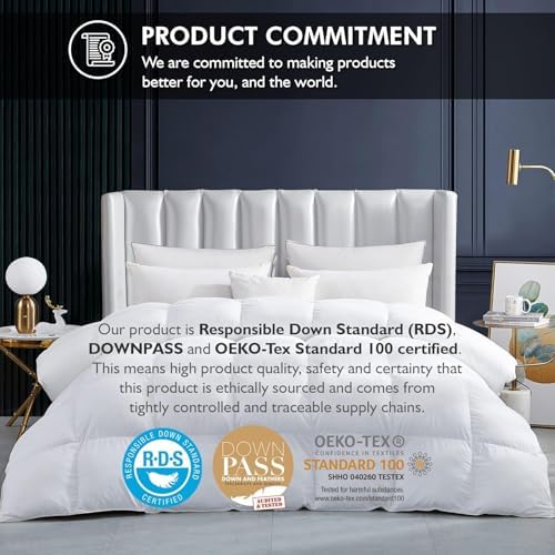 Luxurious White Solid Heavy Weight, Oversize Queen Goose Feathers Down Comforter for Winter Weather Duvet Insert, Premium Baffle Box, 100% Egyptian Cotton Cover, 70 oz. Fill Weight - Image 3