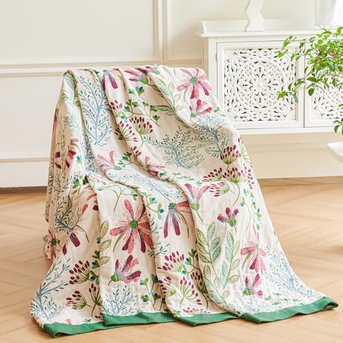 VANJOROY Boho Throw Blanket, 100% Organic Cotton Breathable Ultra Soft 50" x 60" Bed Quilt Throw - All Season Floral Rustic Farmhouse Decor Luxury Reversible Blanket for Sofa Couch Chair and Gift - Image 2