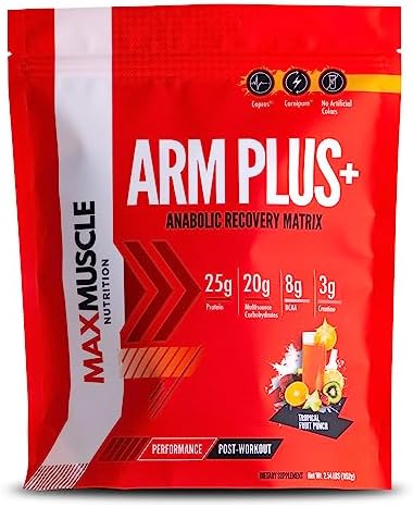 Max Muscle Arm Plus+ Anabolic Recovery Matrix | 25g Protein, 8g Bcaas, 3g Creatine Monohydrate | Whey Protein, Amino Acids, Antioxidants, Glutamine, Electrolytes (Tropical Punch, 2.54 lb) by MaxMuscleNutrition
