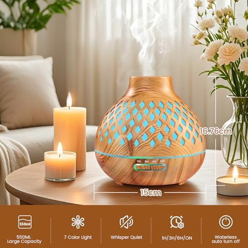 Aeshory Aromatherapy Diffuser & 12 Essential Oils Set, 550ML Aromatherapy Diffuser for Home, Ultrasonic Cool Mist Humidifier with Remote Control 4 Timer 7 Color LED Light, Waterless Auto Off, Light - Image 2