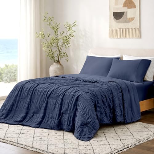 Cozy Bliss Striped Seersucker Cooling Comforter King Size, Lightweight Airflow Silky Cooling Bedding with Q-Max>0.45 for Bedroom, Home Decor, Hot Sleepers & Night Sweats, Navy Blue 106"×90" by CozyBliss