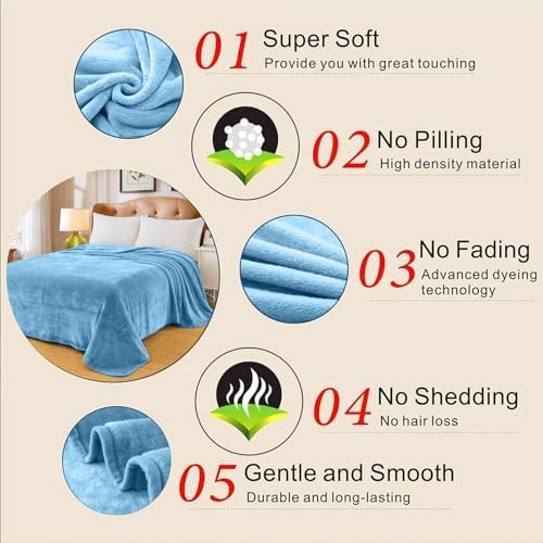 Fleece Blankets for All Season - Premium Lightweight Anti-Static Throw for Travel Size Bed Extra Soft Brush Fabric Warm Sofa Thermal Blanket 51" x 60"(Washed Blue) - Image 4