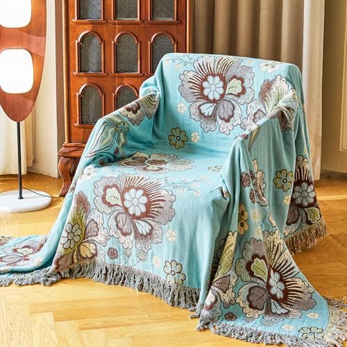 VANJOROY King Boho Throw Blanket 91" x 98", 100% Organic Cotton Breathable Skin-Friendly Ultra Soft Bed Quilt Blue Throw - Floral Rustic Decor Luxury Reversible Blanket for Sofa Couch Chair and Gift - Image 2