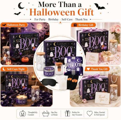 Halloween Gift Basket for Women, Boo Basket Stuffers for Her with 3.3 x 5 ft Blanket, 16 oz Ghost Glass Cup, Lavender Spa Set, Candle, Bath Salts, Soap, Socks and Accessories, Purple - Image 7