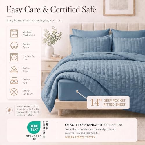 CozyLux Oversized King Comforter Set 120x98 7-Piece Grayish Blue Seersucker - Image 5