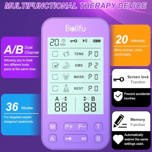 Belifu TENS Muscle Stimulator Unit for Pain Relief, Electronic Pulse Therapy Machine with 36 Mode 20 Intensities, Rechargeable & Portable – Neck, Back, Shoulder, Joint Pain Relief, Color Purple - Image 5