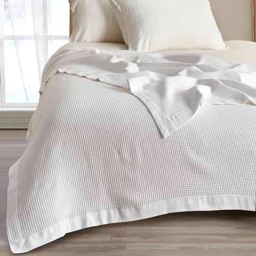 Great Bay Home 100% Cotton Blanket for King Size Bed | Lightweight and Breathable Waffle Weave Blankets for Summer & Spring | Versatile, Layering White Bed Blanket, White, 102x90 inches by GreatBayHome