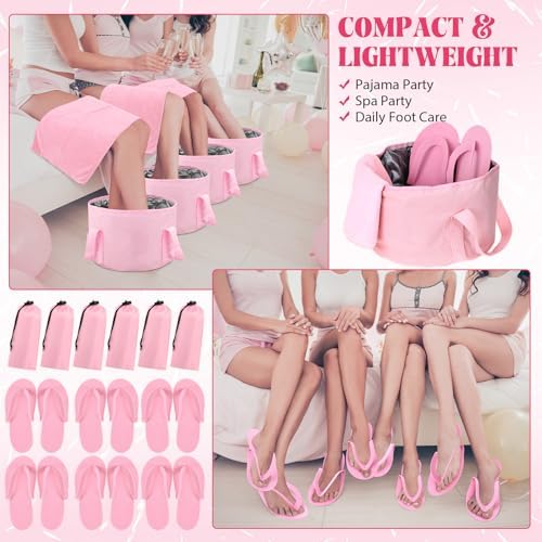 FillTouch 6 Sets Pink Foldable Foot Bath Kit with 15L Foot Soaking Tub Collapsible Towels Women Adult Foldable Slippers Portable Bag Spa Soak Pedicure Bath for Spa Party Sleepover Party Supplies - Image 6