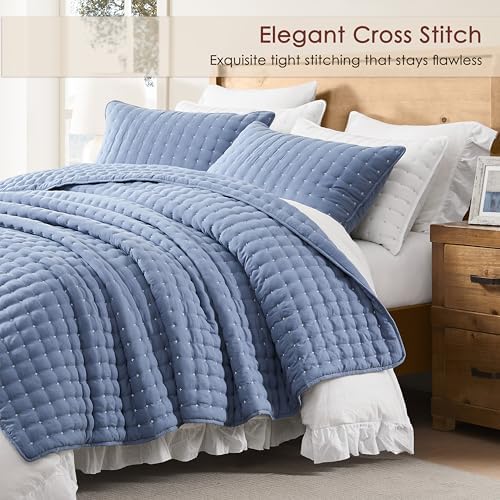 WDCOZY Blue King Size Quilt Bedding Sets with Pillow Shams, Lightweight Soft Bedspread Coverlet, Quilted Blanket Thin Comforter Bed Cover, All Season Summer Spring, 3 Pieces, 104x90 inches - Image 3