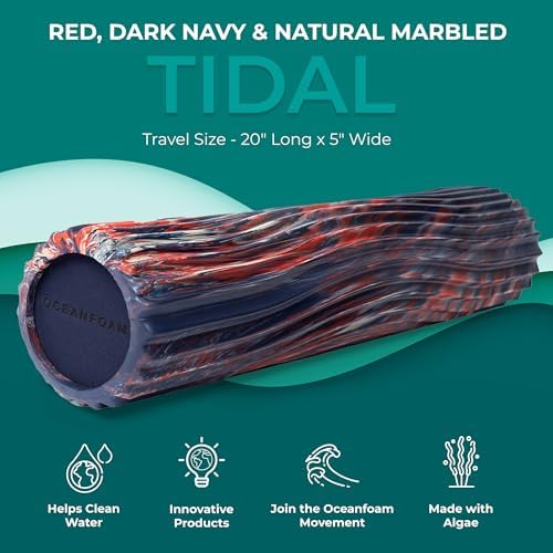 Oceanfoam Tidal Roller - Red, Dark Navy & Natural Marbled - Muscle Massage Foam Roller for Back Pain & Stretching - Firm & Ergonomic Wide Wave Textured - Yoga, Athletics, Wellness - Full Size 20" x 5" - Image 2