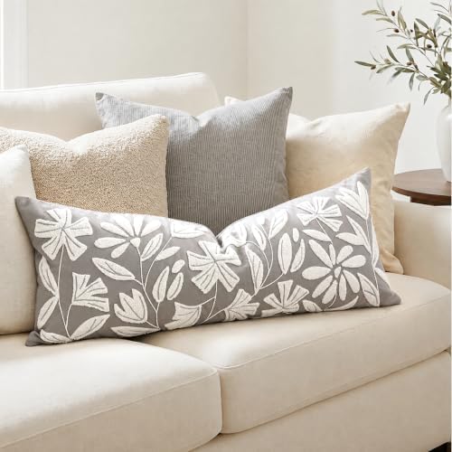 BlissBlush Long Lumbar Pillow Cover 14x36 for Bed, Light Gray Floral Tufted Velvet Accent Oversize Throw Pillowcase for Bedroom, Cover Only - Image 5