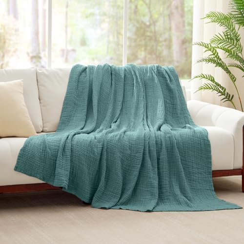 100% Cotton Muslin Blanket 50" x 60", Breathable and Lightweight Cotton Throw Blankets for Couch, Soft Cooling Summer Gauze Blanket for Adults All Season, Teal Blue - Image 3