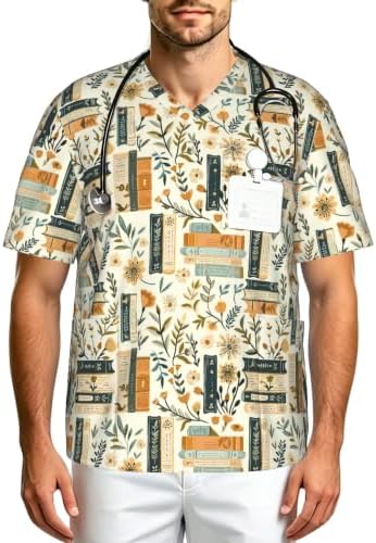 Men's Scrub Top,V-Neck Spill Wrinkle Resistant,3 Pockets-Book Lover (1) by Unknown