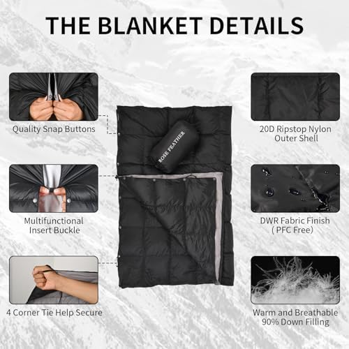 Down Camping Blanket - Lightweight, Packable, Warm & Puffy Outdoor Travel Quilt for Sleep, Hiking, Backpacking, Stadium, Festivals, Water-Resistant Sleeping Bag 55"x79" - Image 4