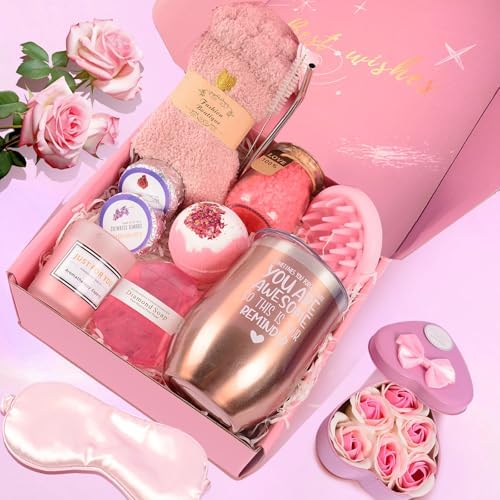 12 Piece Spa Gifts Set for Women, Self Care Gift Basket for Mom Wife Her, Relaxing Gifts with Eye Mask, Water Bottle, Bath Bombs, Aromatherapy for Valentines Day, Birthday, Christmas (Rose) - Image 4