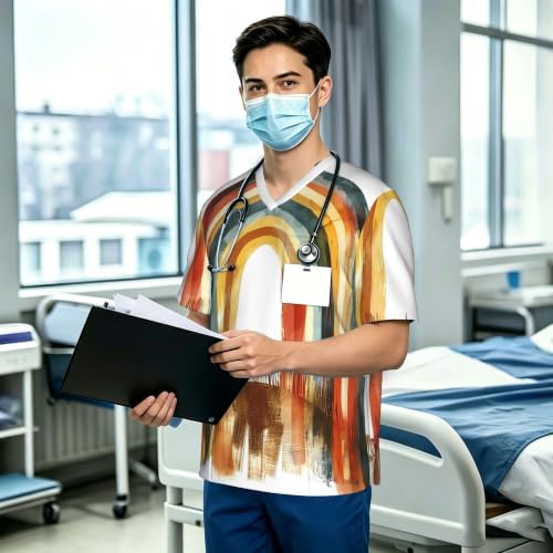 Men's Scrub Top,V-Neck Spill Wrinkle Resistant,3 Pockets-Boho Rainbow (1) - Image 3