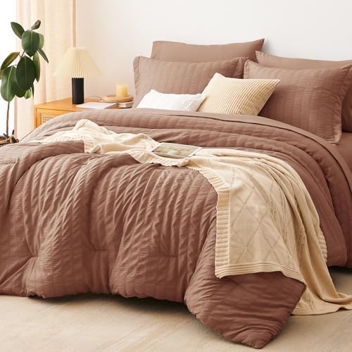 CozyLux Full Comforter Sets, 7 Pieces Mocha Mousse Seersucker Bed in a Bag by CozyLux