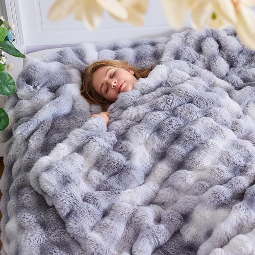 Lotus Karen Faux Fur Blanket - Tie-Dye Gray Twin Size, Big Bubble Rabbit Fluff, Thick Furry Plush Shaggy Blanket for Men, 60x80 Inches - Image 3
