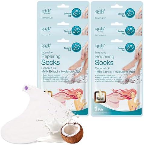 Epielle Intensive Repairing Foot Mask 6 Pairs, Soften with Coconut Oil & Milk Extract, Deep Moisturizing Socks for Dry, Cracked Feet, Self Care Gifts for Women, Spa Kit by Epielle