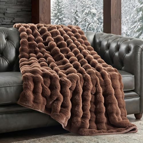 EverGrace Faux Rabbit Fur Bubble Throw Blanket, 60"x80", Chestnut by EVERGRACE