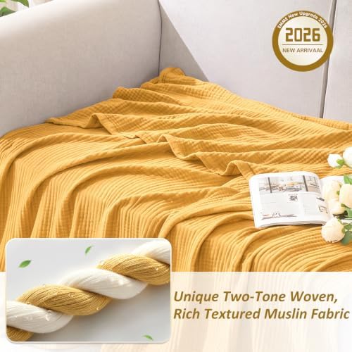 EMME Cotton Muslin Large Throw Blanket Couch Breathable Gauze Soft Lightweight Bed Blankets Adults (Heather Yellow, 50"x70") - Image 2