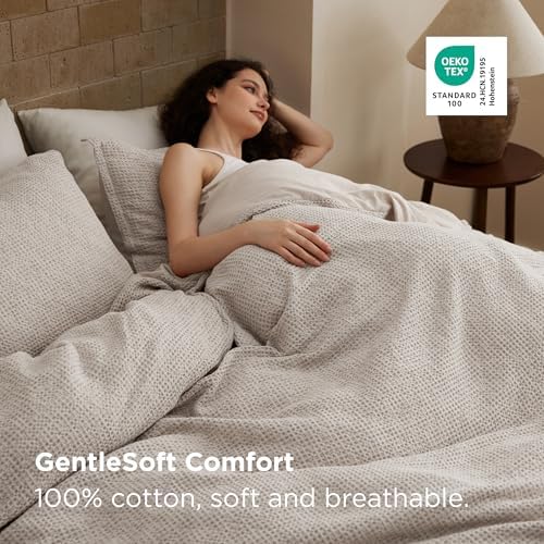 Bedsure PureWoven Space-Dyed Cotton Waffle Duvet Cover Set, King, Linen - Image 4