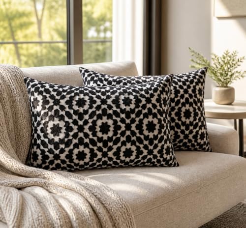 Embroidered Summer Decorative Lumbar Sofa Pillow Cover 12"x20", Mina Black Trellis Throw Pillowcase Pattern, Cotton Canvas Bolster Cushion Case for Couch Bed Living Room Decor(Black and White) - Image 7