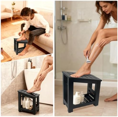 Bamboo Shower Foot Rest Stool for Shaving Legs & Pedicure, Non-Slip Bathroom Foot Step with Storage Pocket, Solid & Water-Resistant,Natural (Black) - Image 4