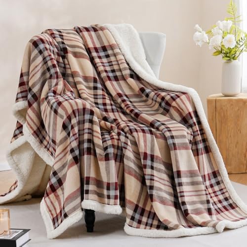 PU MEI Sherpa Fleece Throw Blanket 60" x 80" Reversible Plush Fluffy Large Big Blanket Lattice Flannel Blankets for All Season Use, Beige Stripe by HOME