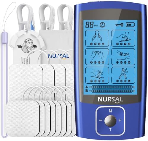 NURSAL TENS EMS Unit Muscle Stimulator for Pain Relief Therapy, Electric 24 Modes Dual Channel TENS Machine Pulse Massager with 12 Pcs Electrode Pads/Continuous Stable Mode/Memory Function by NURSAL